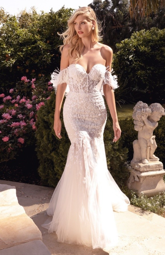 Sereria  Sweetheart Lace and feather Mermaid Gown- French White