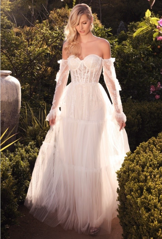 Sonia corset flare tiered ruffle Tulle and lace with sleeves  Wedding Gown -Off White