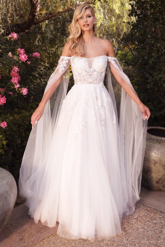Isabela corset  Princess cut Tulle Wedding Gown with flare sleeves  -Off White