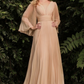 Beautiful Pleated Long sleeve Maxi dress Champagne color-HOT SELLER