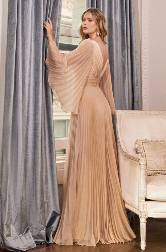 Beautiful Pleated Long sleeve Maxi dress Champagne color-HOT SELLER