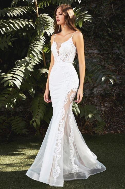 Renee Plunging Lace Mermaid with straps and Bare thigh Wedding Gown -White